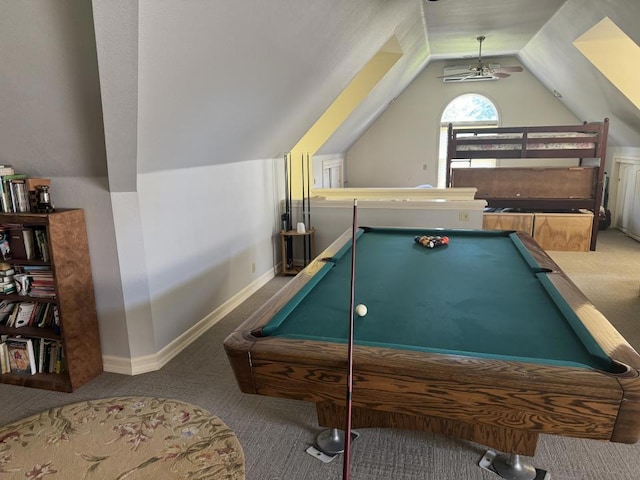 rec room with ceiling fan, lofted ceiling, pool table, and carpet floors