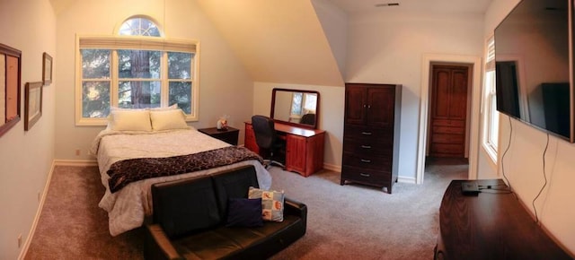 carpeted bedroom with vaulted ceiling