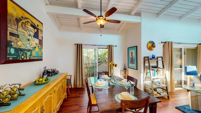 dining room featuring ceiling fan, dark hardwood / wood-style floors, beamed ceiling, and wooden ceiling