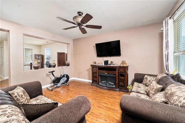 living room featuring ceiling fan and wood-type flooring