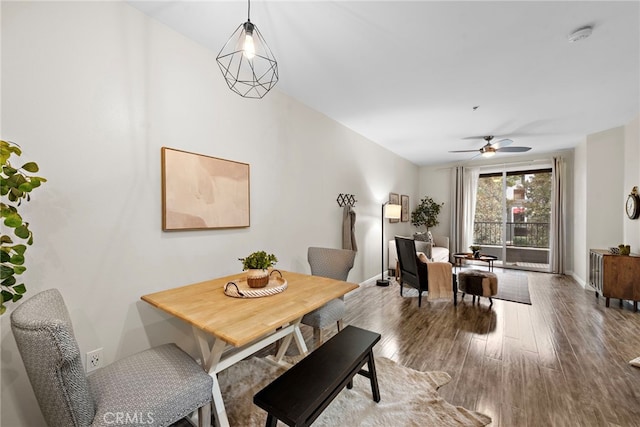 dining room with ceiling fan and wood-type flooring