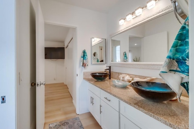 bathroom with hardwood / wood-style floors and vanity