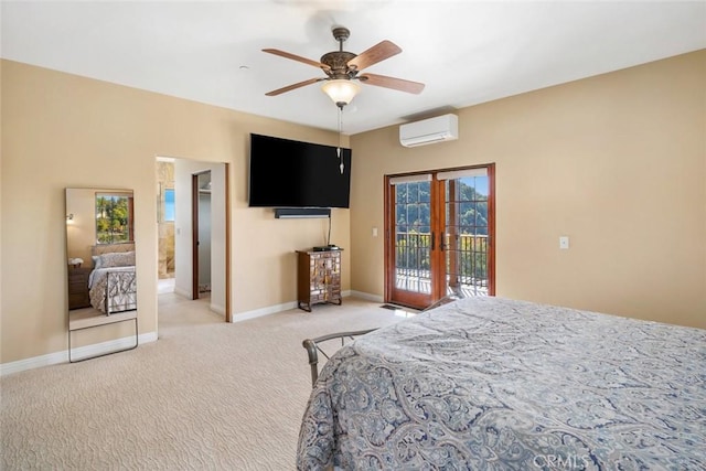 carpeted bedroom with access to exterior, french doors, an AC wall unit, and ceiling fan