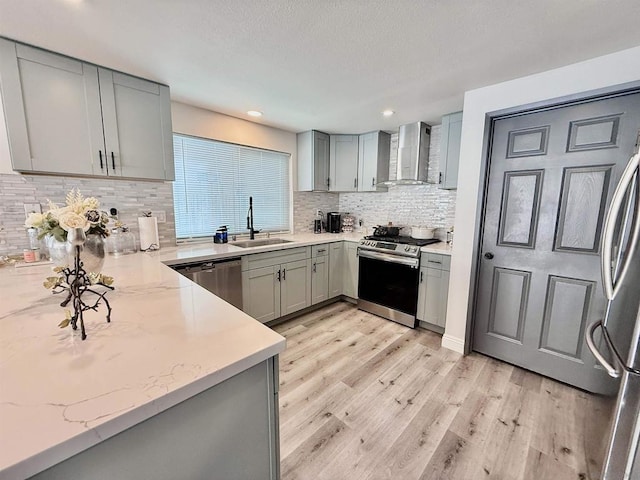 kitchen with sink, stainless steel appliances, wall chimney range hood, backsplash, and light wood-type flooring