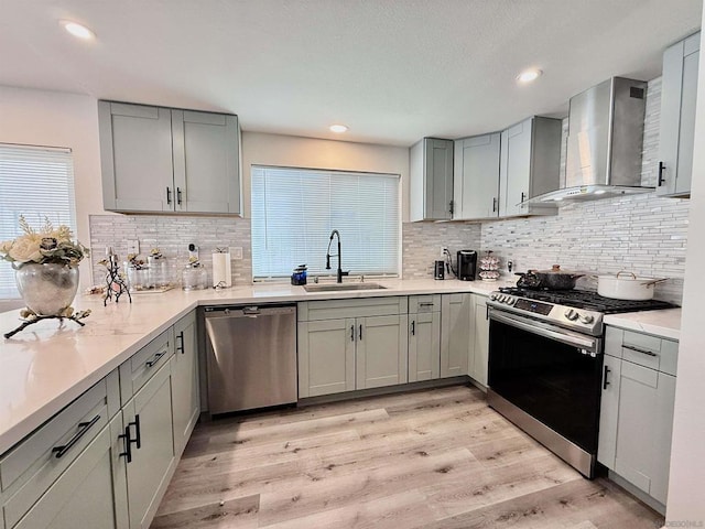 kitchen featuring wall chimney exhaust hood, a healthy amount of sunlight, sink, and stainless steel appliances