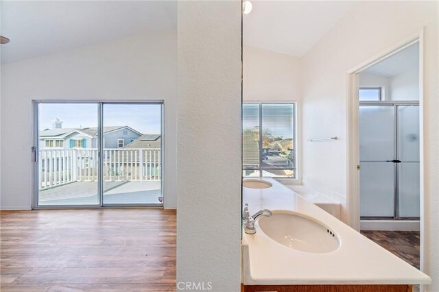 bathroom featuring a wealth of natural light, lofted ceiling, and hardwood / wood-style flooring