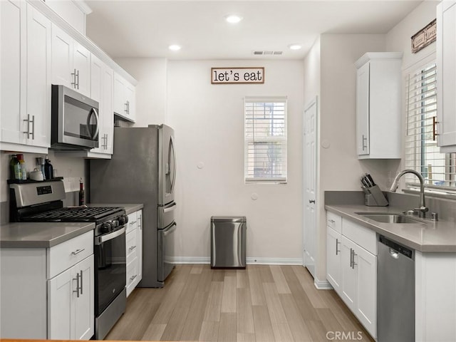 kitchen with white cabinets, sink, light wood-type flooring, and stainless steel appliances