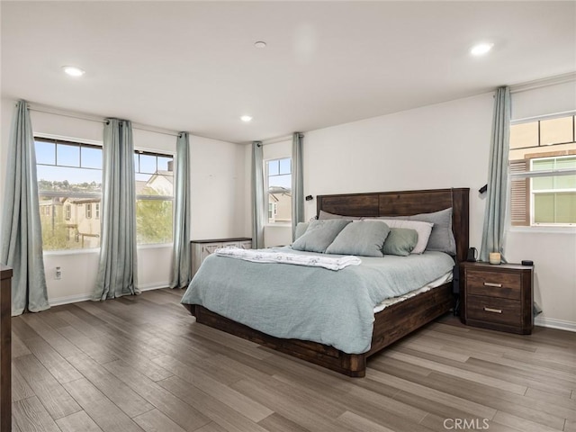 bedroom featuring multiple windows and light hardwood / wood-style flooring