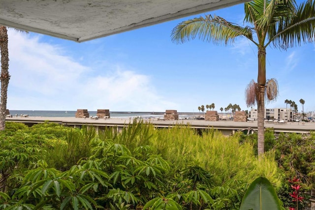 exterior space featuring a water view and a view of the beach