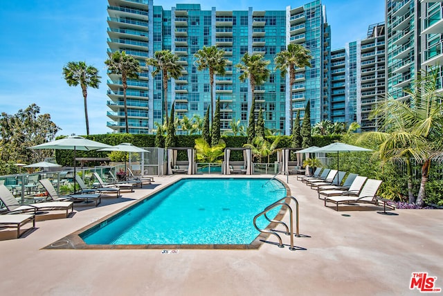 view of swimming pool featuring a patio area