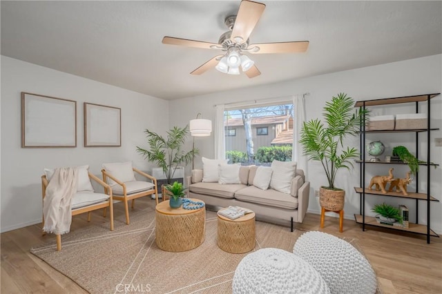 living room with ceiling fan and light hardwood / wood-style flooring