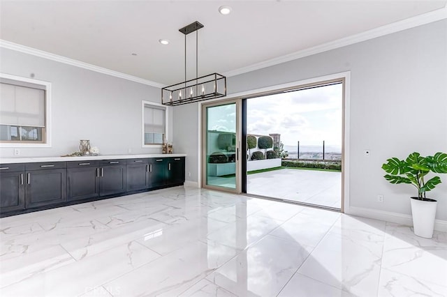 unfurnished dining area with baseboards, marble finish floor, crown molding, a notable chandelier, and recessed lighting