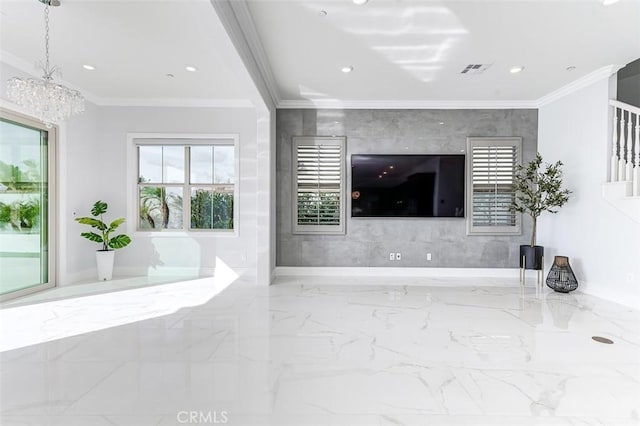 unfurnished living room featuring a wealth of natural light, marble finish floor, visible vents, and crown molding