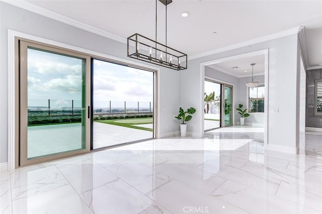 unfurnished room with marble finish floor, baseboards, and ornamental molding