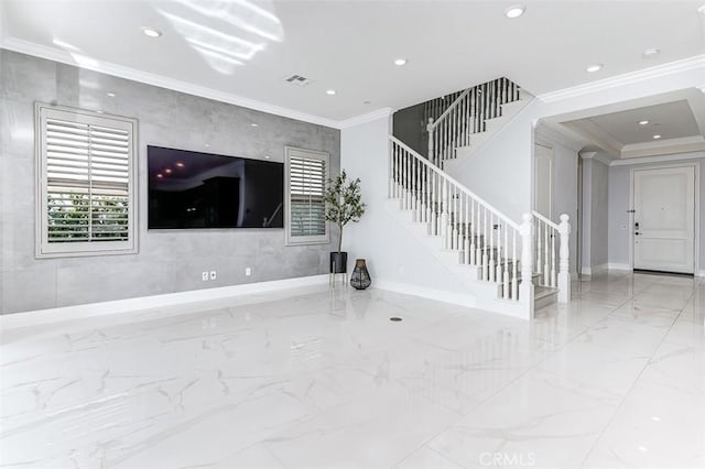 unfurnished living room with marble finish floor, stairs, ornamental molding, and recessed lighting