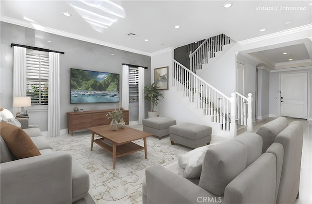 living area featuring stairs, crown molding, and recessed lighting