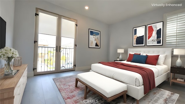 bedroom with baseboards, access to outside, french doors, and light wood-style floors