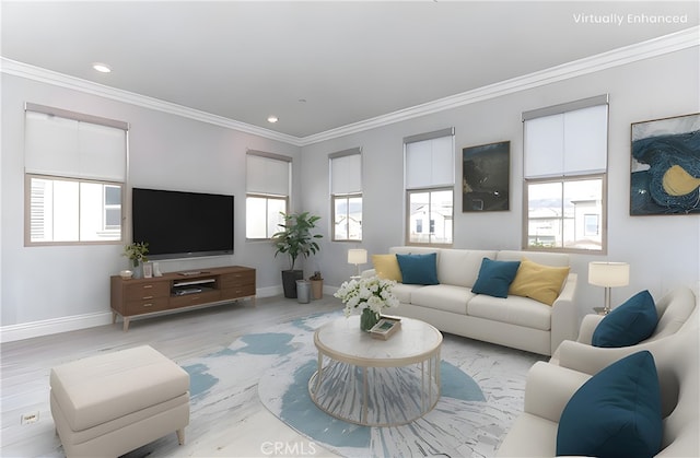 living area featuring recessed lighting, crown molding, and baseboards