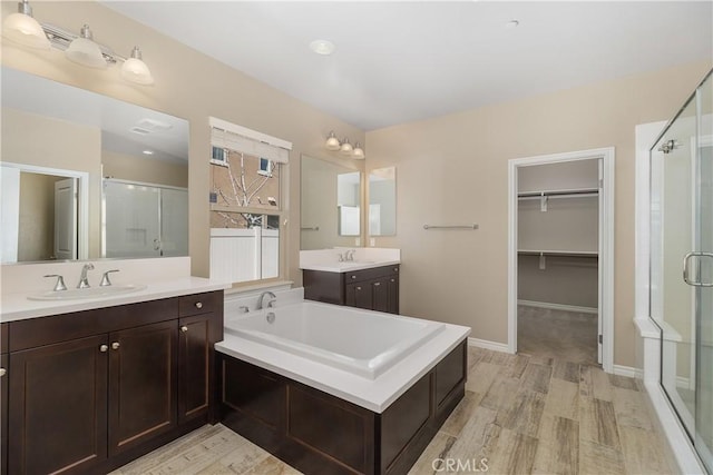 bathroom featuring wood-type flooring, an enclosed shower, and vanity