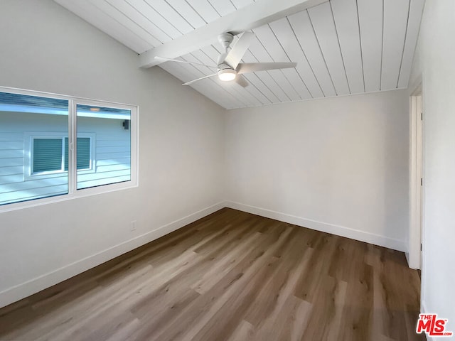 empty room featuring ceiling fan, hardwood / wood-style floors, lofted ceiling with beams, and wooden ceiling