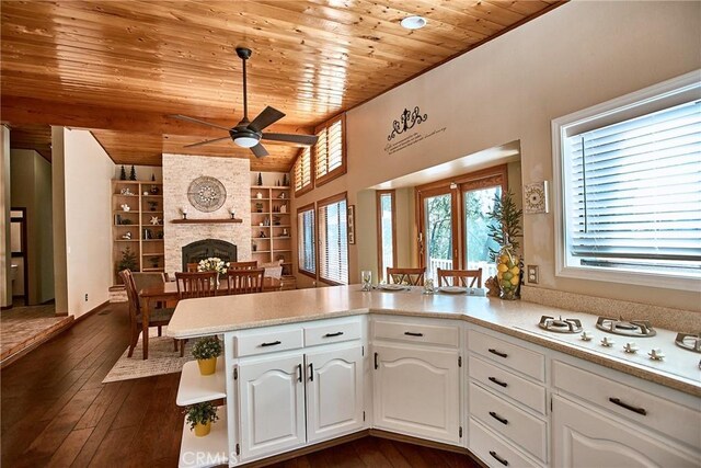 6204 Spruce Ave, Angelus Oaks, CA 92305 - kitchen featuring wooden ceiling, ceiling fan, dark wood finished floors, white cabinetry, and light countertops