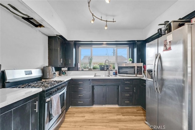 kitchen featuring stainless steel appliances, light hardwood / wood-style flooring, and sink