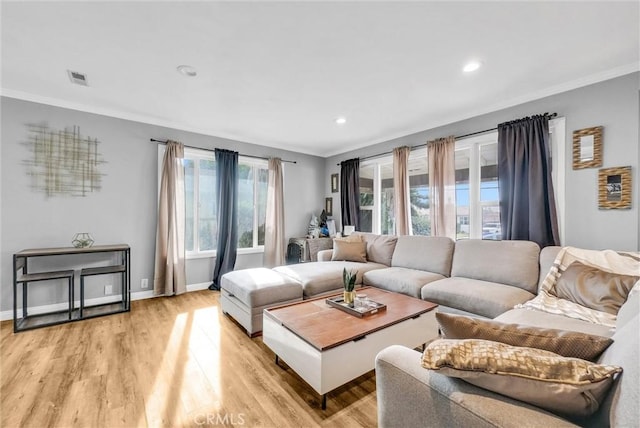 living room with crown molding and light hardwood / wood-style flooring