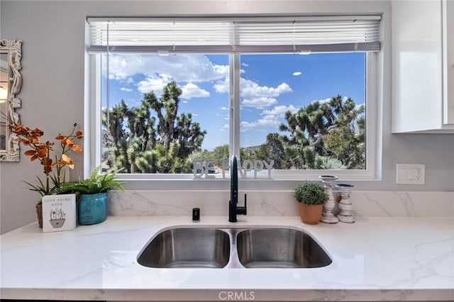 details featuring light stone countertops and sink