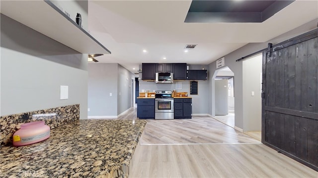 kitchen with a tray ceiling, stainless steel appliances, light hardwood / wood-style floors, and a barn door