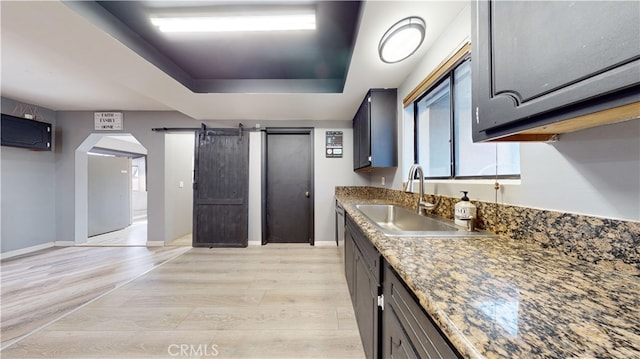 kitchen featuring a barn door, a tray ceiling, light hardwood / wood-style flooring, and sink