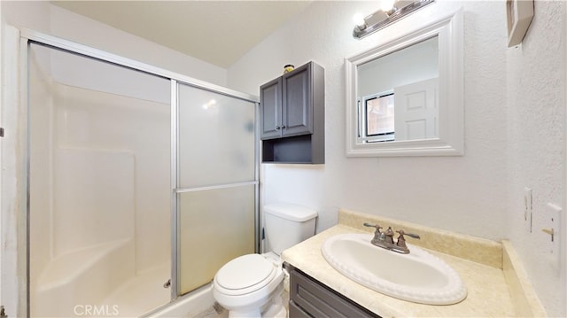 bathroom featuring a shower with door, vanity, and toilet