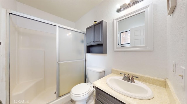 bathroom with vanity, a shower with door, and toilet