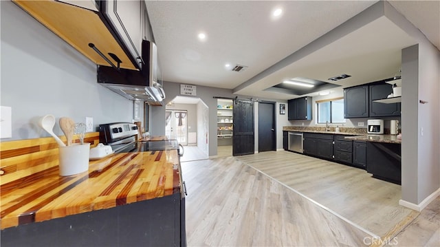 kitchen featuring a barn door, sink, stainless steel appliances, and light wood-type flooring