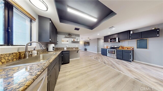 kitchen with appliances with stainless steel finishes, light wood-type flooring, a raised ceiling, sink, and stone counters