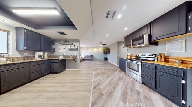 kitchen featuring appliances with stainless steel finishes, light hardwood / wood-style floors, ceiling fan, and sink