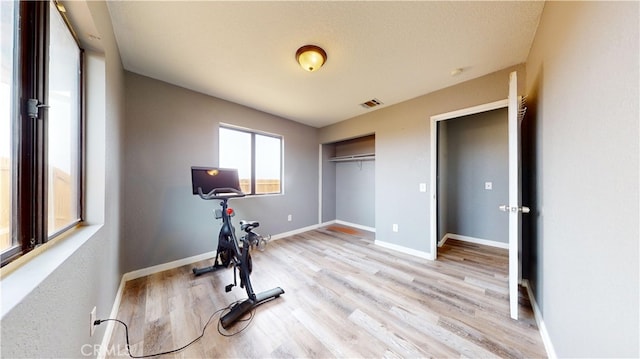 workout room featuring light hardwood / wood-style floors