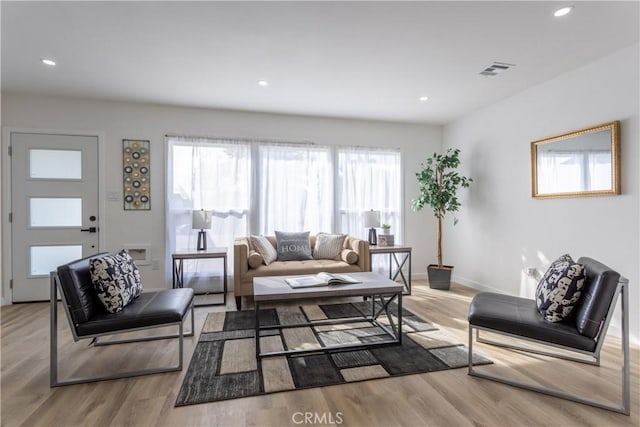 living room with plenty of natural light and light wood-type flooring