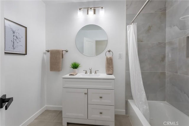 bathroom with shower / bath combination with curtain, vanity, and tile patterned floors