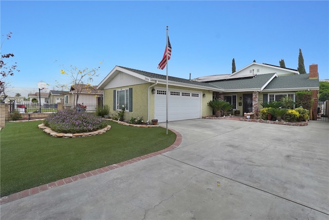 single story home featuring a front lawn and a garage