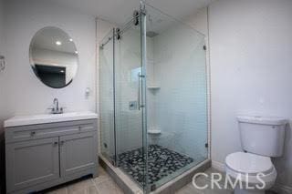 bathroom with vanity, toilet, and walk in shower