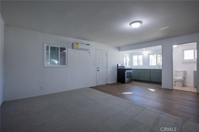 empty room featuring an AC wall unit, dark wood-type flooring, and sink