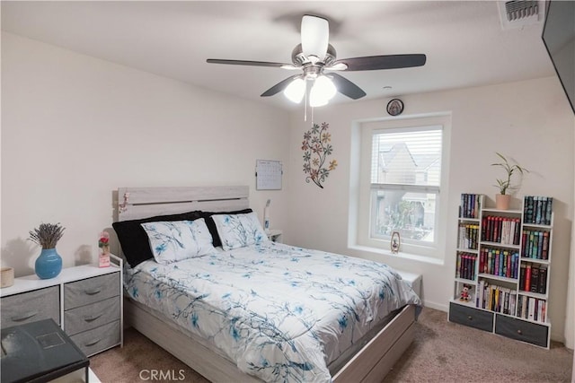 bedroom featuring ceiling fan and carpet