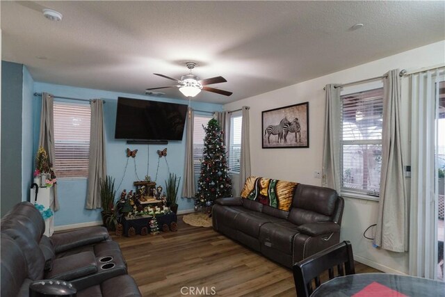 living room with ceiling fan and wood-type flooring