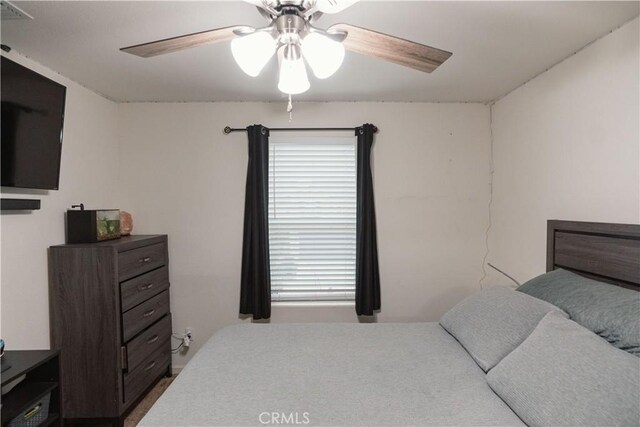 bedroom with ceiling fan and multiple windows