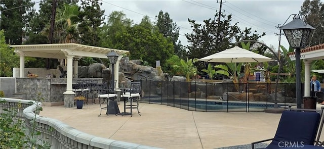 view of patio with a fenced in pool and a pergola