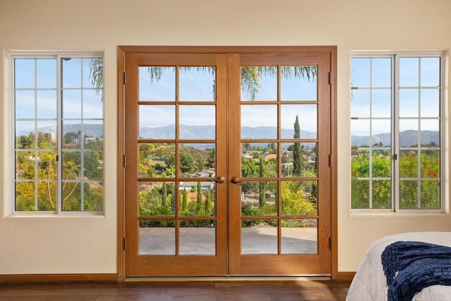 entryway with dark hardwood / wood-style floors, a mountain view, and french doors