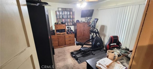 workout room with ceiling fan and carpet floors