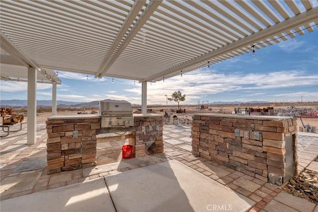 view of patio with a mountain view, area for grilling, and grilling area