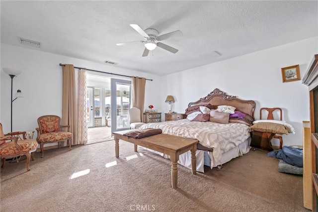 bedroom featuring carpet flooring, a textured ceiling, access to outside, and ceiling fan