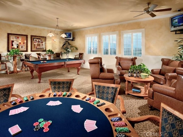 game room featuring pool table, ceiling fan, ornamental molding, and carpet